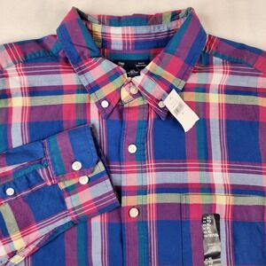 New Gap Slim Fit Button Down Shirt Men XL Plaid Red Blue Long Sleeve 100% Cotton